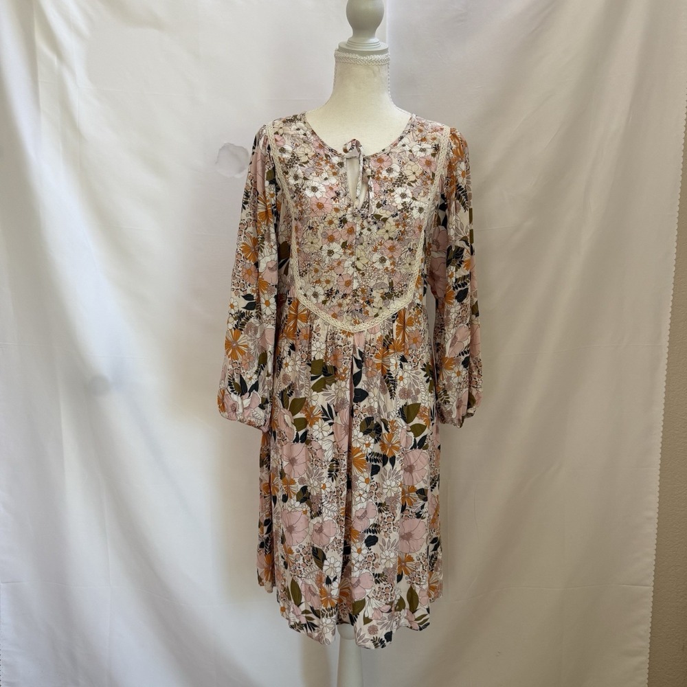 Fig And Flower Anthropologie Prairie Cottagcore Floral 3/4 Sleeve Tunic Dress L